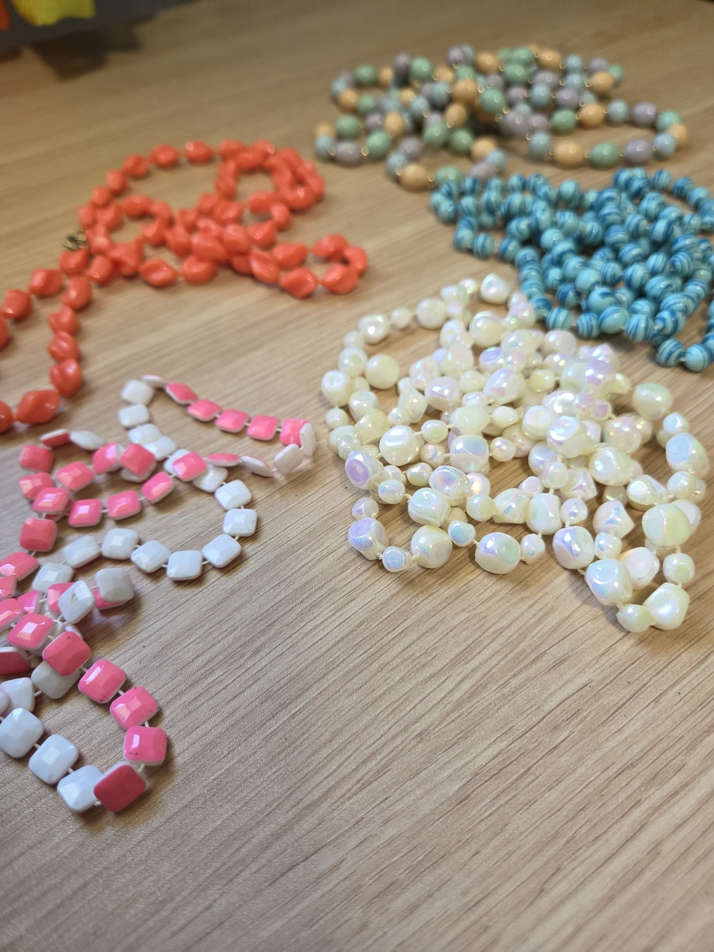 5 Colorful Beaded Necklace Lot — Coral, Aqua, Cream, Pink, Turquoise